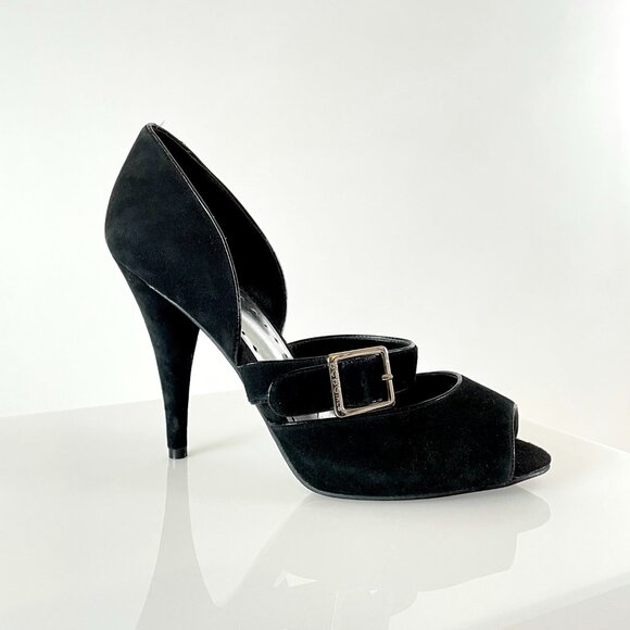 Gorgeous! BCBG Black Suede Peep Toe D’Orsay Heels! 1940s Inspired! - Picture 1 of 10